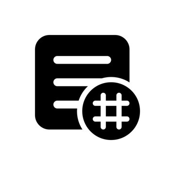 Black document with horizontal lines and a hashtag symbol inside a circle on the lower right side view icon