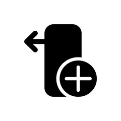 Poster - Black icon showing a rectangle with a left arrow and a circle containing a plus sign on the bottom right corner