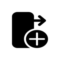 Poster - Black rectangle with rounded corners and an arrow pointing right next to a plus sign inside a circle icon