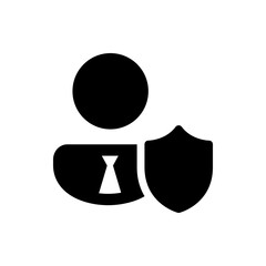 Poster - Black silhouette of a person with a round head wearing a tie and protected by a shield icon design