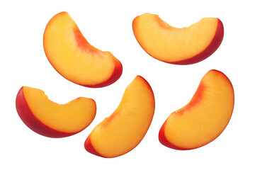 Poster - Five slices of fresh, ripe peach falling against a transparent background, perfect for food and beverage projects