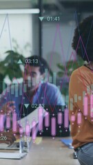 Poster - Businesswoman holding tablet with financial data animation over office setting