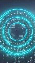 Poster - Glowing circular elements in futuristic digital animation over cityscape background