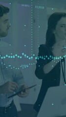 Poster - Analyzing data with digital animation overlay, business team discussing in office