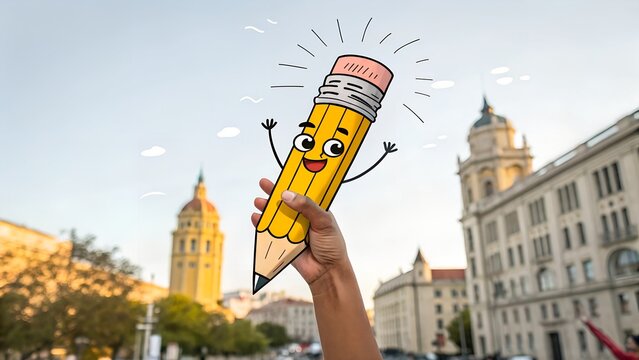 Yellow cartoon pencil held in raised hand - creativity concept. Modern photo collage style. Illustration on transparent background.