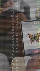 Poster - Using laptop in school, person viewing butterfly NFT with stock market animation