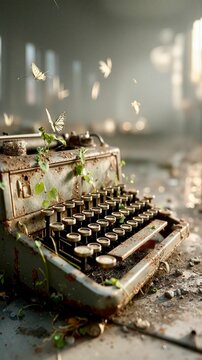 Rusty Vintage Typewriter with Vines and Butterflies in Sunlight
