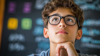 Wall Mural - a young boy wearing glasses looking up with a thoughtful expression.
