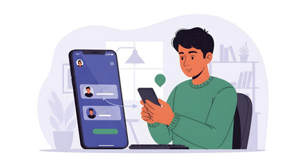 Smiling man is interacting with a mobile application on a large smartphone showcasing social network communication, he is using digital mobile communication technology for business.