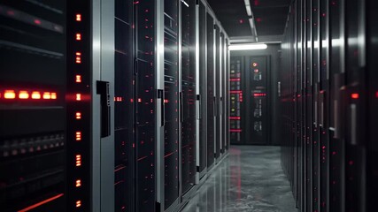 Poster - Modern server racks illuminate dark data center with vibrant LED lights, Modern server racks in dark data center room, enhanced by dramatic VFX