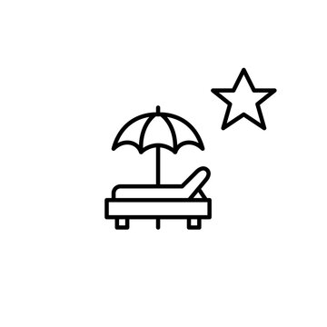 Sun bed, umbrella and star. Premium hotel, luxury service. VIP beach holiday. Pixel perfect, editable stroke vector icon
