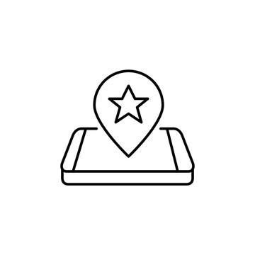 Map pin with star on phone. VIP member checkin. Premium location, favorite places saved. Pixel perfect, editable stroke vector icon