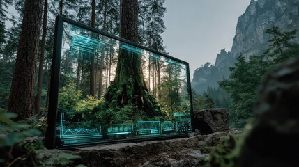 Eco-monitor displays forest growth using holographic visuals, representing environmental tracking, digital sustainability solutions, and smart forestry management systems.