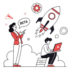 Poster - Team Launching Beta Software Startup Rocket Illustration