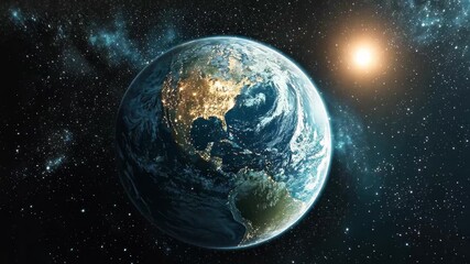 Wall Mural - planet earth drifting through the vastness of space with sunlight illuminating its surface, planet e
