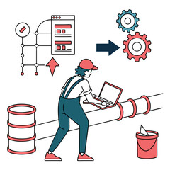 Poster - Technician Inspecting Pipeline System Using Laptop