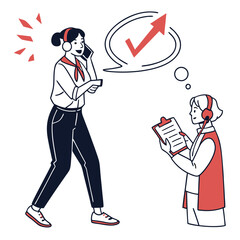 Poster - Two Businesswomen Collaborate Using Headset and Checklist Showing Progress
