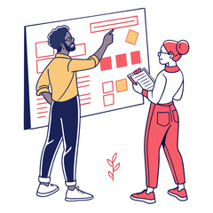 Poster - Two Colleagues Collaborate on Project Plan Using Sticky Notes and Checklist