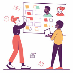 Poster - Two Colleagues Collaborate on Project Planning Using Sticky Notes and Laptop