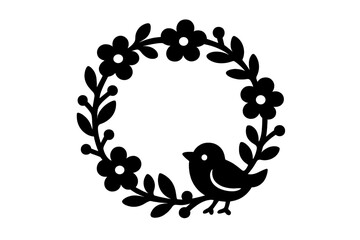 Poster - Decorative black bird silhouette within floral wreath design suitable for crafts or home decor projects