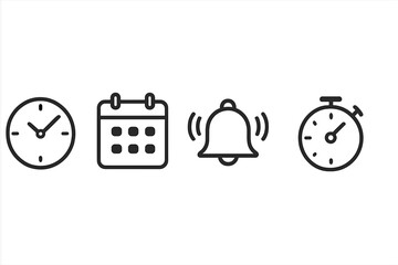Poster - Collection of time-related icons showcasing clock, calendar, alarm bell, and stopwatch for productivity and scheduling purposes