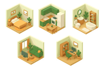 Poster - Stylish and modern isometric house interior showcasing five unique rooms with vibrant decor