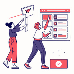 Poster - Two Women Collaborate on Project Checklist Using Red and White Line Art Illustrations
