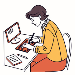 Poster - Woman Drawing on Graphics Tablet at Desk