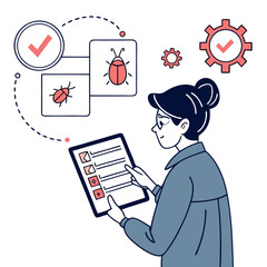 Poster - Woman Reviewing Checklist on Tablet for Bug Fixing