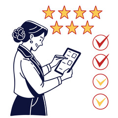 Poster - Woman Reviewing Checklist on Tablet with Five Stars and Checkmarks