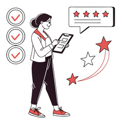 Poster - Woman Reviewing Checklist with Five Star Rating on Tablet