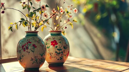Poster - Ceramic vases with floral designs placed on wooden surface by window illuminated by soft sunlight, Two ceramic vases with floral decorations on wooden table under morning sunlight