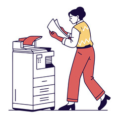 Poster - Woman Using Office Copier Machine, Red Pants Yellow Sweater