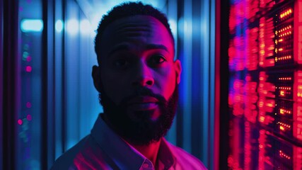 Poster - Data processing insights with biracial male in futuristic server room illuminated by colorful lights, data processing and diagram over biracial male worker in server room