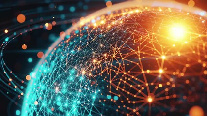 Poster - Stunning digital view of planet with illuminated connections and vibrant colors, Zoom in of planet digitally generated with plexus effect