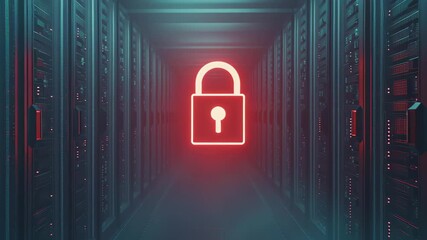 Poster - Digital padlock icon symbolizes data security in data center environment with glowing effects, padlock icon and digital data processing over computer servers