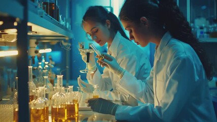 Poster - Female scientist and colleague conduct research in laboratory during evening hours, female scientist and her colleague are conducting research in the laboratory