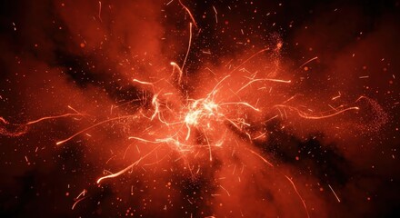 Wall Mural - Abstract image of a fiery explosion with glowing particles and streaks of light emanating from a central point, set against a dark background.