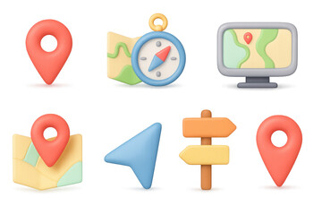 Poster - Colorful 3d navigation icons with maps and compass for digital interfaces