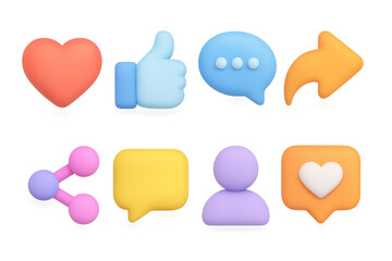 Poster - Colorful 3d social media icons including heart, thumbs up, and speech bubbles