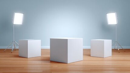 Poster - Minimalist Studio Setup with White Cubes and Bright Lighting in Modern Interior Space