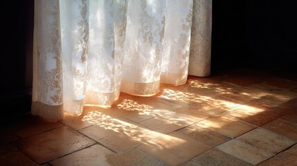 Poster - Sunlight Filtering Through Sheer Curtains Creating Intricate Shadows on Floor Tiles