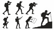 © Georgking - Black and white silhouette vector illustration of hikers and adventurers with backpacks cameras and maps exploring outdoors trekking and climbing mountains