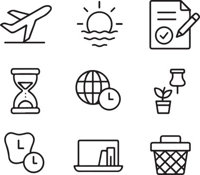 Travel Planning Icons Airplane, Sunset, Checklist, Time, Globe, Plant, Tooth, Laptop, Trash