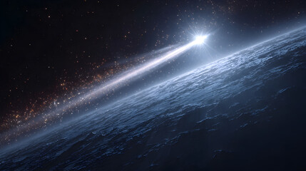 Wall Mural - A bright light streak across a dark blue planet with stars and galaxy in the background view from space
