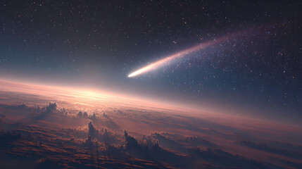 Wall Mural - A comet streaks across a starry night sky above a landscape of clouds and soft light on the horizon