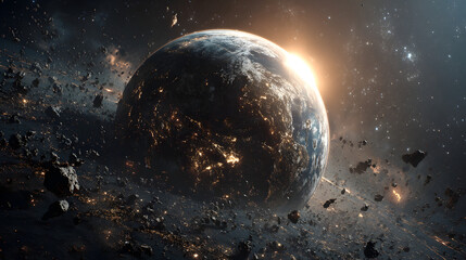 Wall Mural - A view of earth from space surrounded by asteroids and debris with a bright light shining on it