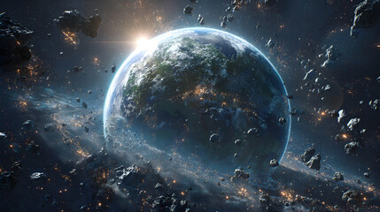 Wall Mural - A planet surrounded by asteroids and space debris with a bright light in the distance view