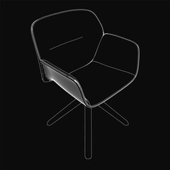 Poster - Black and white contour line drawing of a sleek modern chair with curved backrest and tapered legs. The design features smooth armrests and a slightly curved seat on a solid black background.