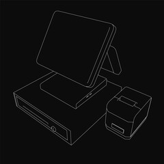 Fototapete - A black and white line drawing of a tablet computer placed on a table, accompanied by a box, evoking a cash machine concept. The dark background enhances the mysterious and intriguing atmosphere.